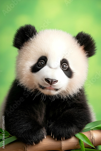 Adorable Panda Cub Posing on Bamboo; Green Background; Perfect for Calendars or Phone Wallpapers photo