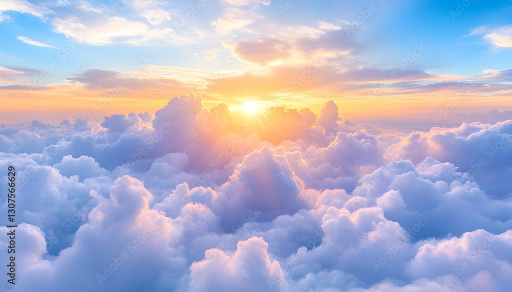 Aerial sunset view above fluffy clouds; peaceful, serene scene perfect for desktop wallpaper or travel inspiration Aerial sunset view above fluffy clouds; peaceful, serene scene perfect for desktop wallpaper or travel inspiration