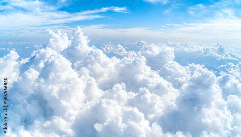 Aerial view of fluffy cloudscape, bright blue sky; serene, peaceful nature scene, ideal for desktop wallpaper or travel brochure Aerial view of fluffy cloudscape, bright blue sky; serene, peaceful nature scene, ideal for desktop wallpaper or travel brochure