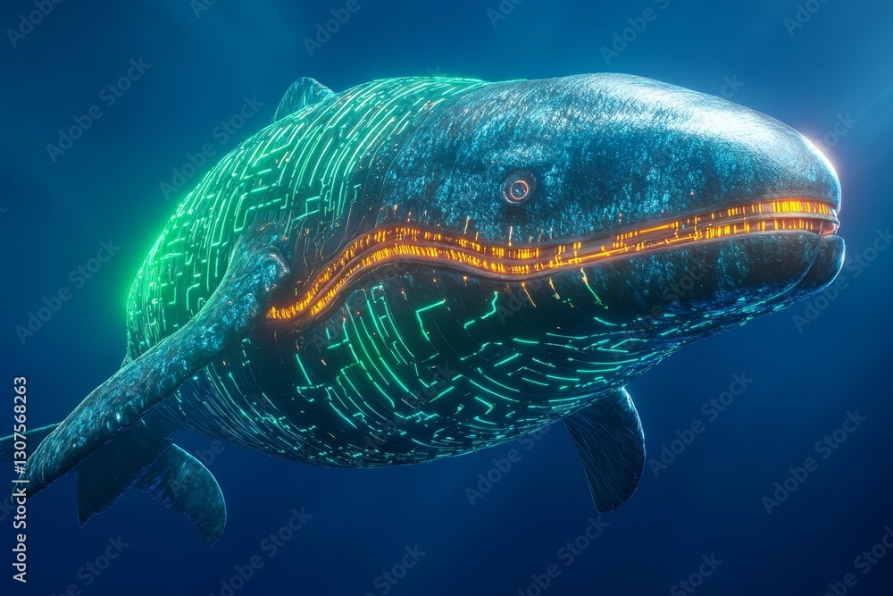 Obraz premium A biomechanical whale with cybernetic enhancements, glowing neon circuitry running along its body as it swims through a futuristic ocean