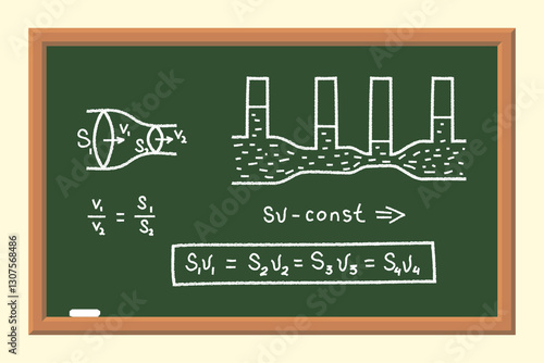 The School Board with Physical Formulas. A Calculating of Fluid Flow through Pipes. The Poster in a Flat Style. Raster Illustration