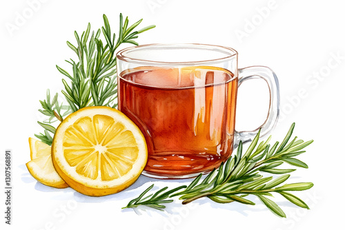 Aromatic Rosemary Lemon Tea Watercolor illustration of a warm beverage, perfect for a cozy mood or tea packaging