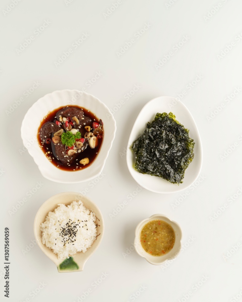 Delicious Asian Dishes with Rice and Seaweed on Light Background Delicious Asian Dishes with Rice and Seaweed on Light Background