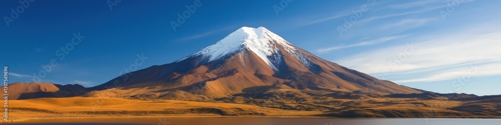Fototapeta premium A mountain with snow on top and a blue sky in the background. The mountain is very tall and it looks like it is covered in snow