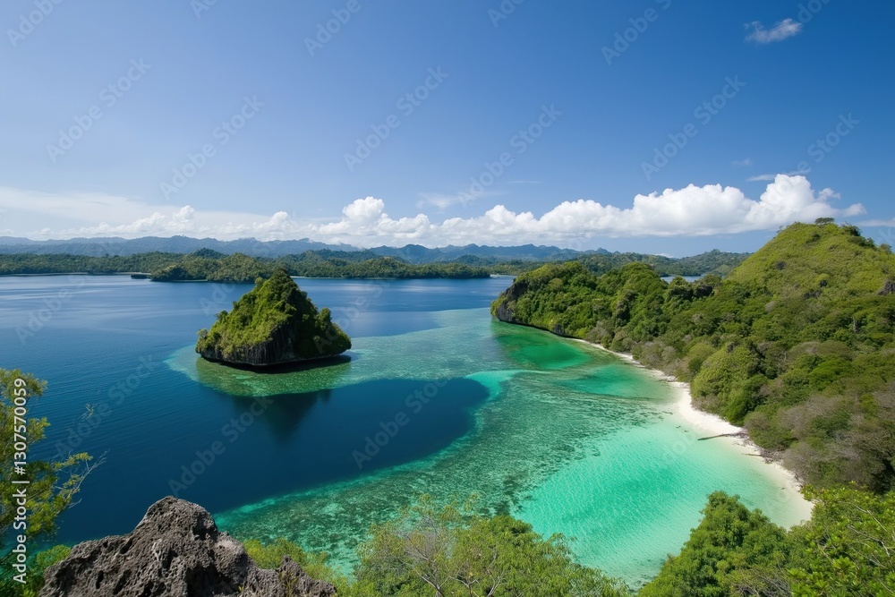 A beautiful blue ocean with a small island in the middle. The island is surrounded by a lush green forest A beautiful blue ocean with a small island in the middle. The island is surrounded by a lush green forest