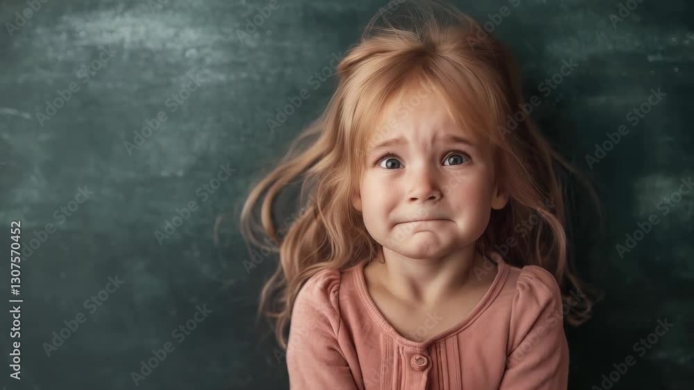 Melancholic blond child wearing pink dress, gazing directly with sorrowful expression against deep green backdrop Melancholic blond child wearing pink dress, gazing directly with sorrowful expression against deep green backdrop