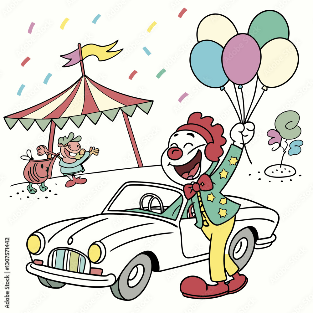 Naklejka premium Fun cartoon comic circus clown driving a classic bumper car, perfect for party designs, clipart, and comic-style artwork.