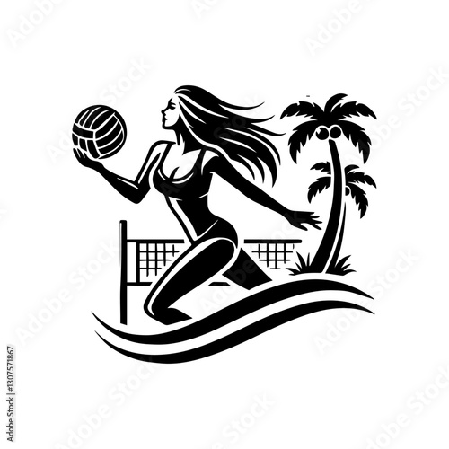 line art vector of woman playing volly beach vector logo illustration