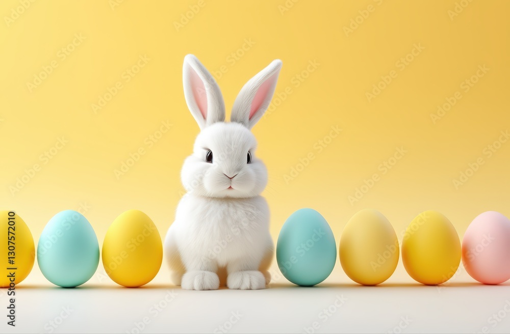 Fototapeta premium A white rabbit stands in front of a row of colorful eggs. The scene is bright and cheerful, with the rabbit and eggs creating a sense of playfulness and innocence