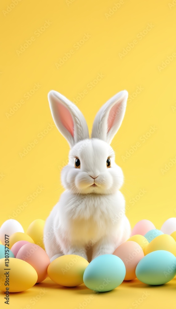 Obraz premium A white rabbit stands in front of a row of colorful eggs. The scene is bright and cheerful, with the rabbit and eggs creating a sense of playfulness and innocence
