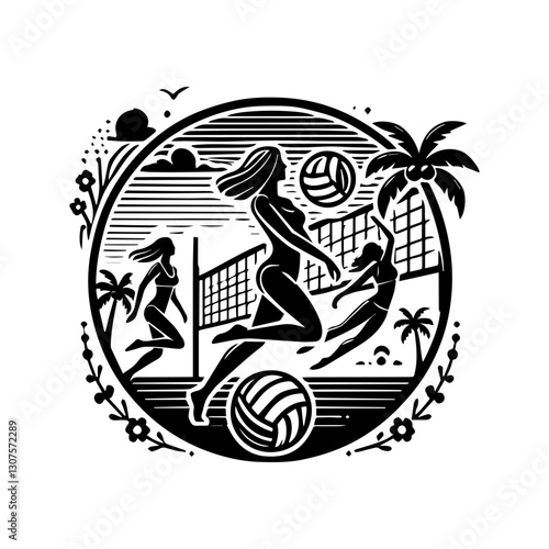 line art vector of woman playing volly beach vector logo illustration