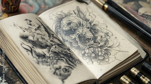 Sketchbook filled with tattoo style ideas.