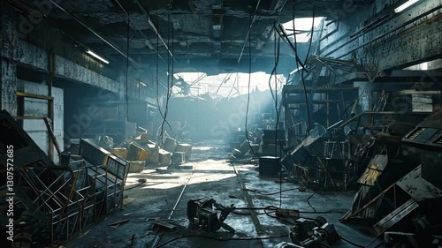 A dark, abandoned building with debris and trash scattered throughout. Scene is one of desolation and decay
