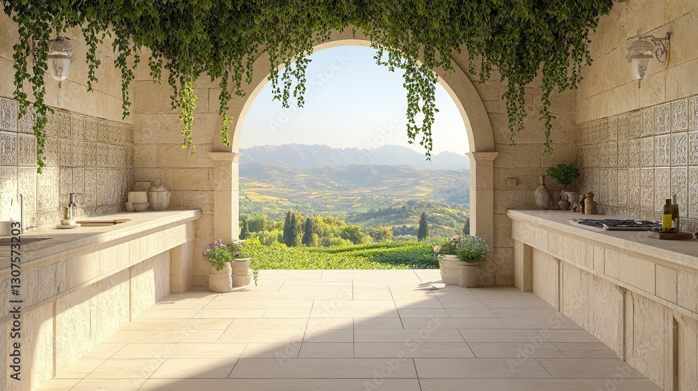 Fototapeta premium A classic stone-crafted outdoor kitchen with antique tile backsplashes
