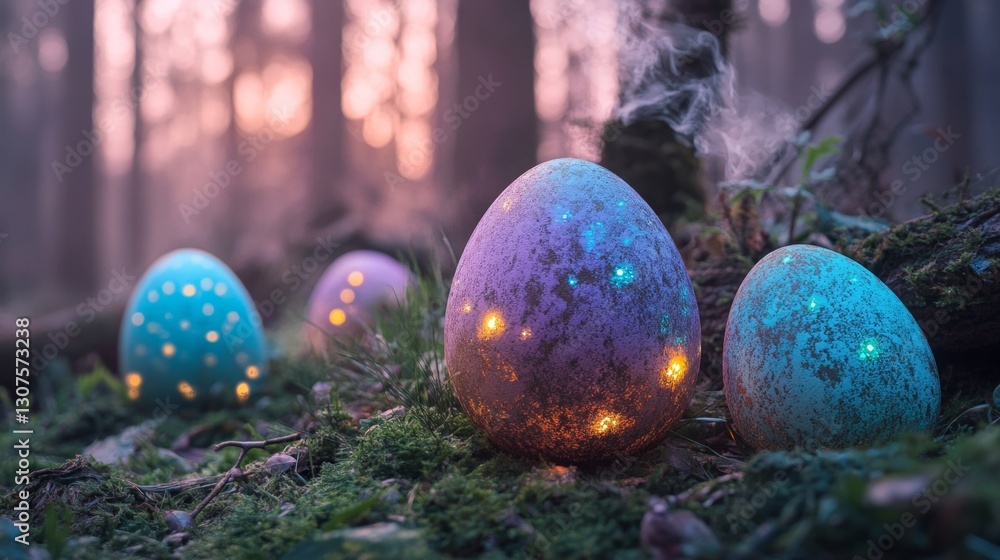 Magical Easter in an Enchanted Forest with Glowing Eggs at Twilight Magical Easter in an Enchanted Forest with Glowing Eggs at Twilight