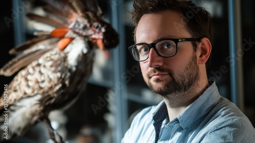 Museum Curator in front of avian specimen photo