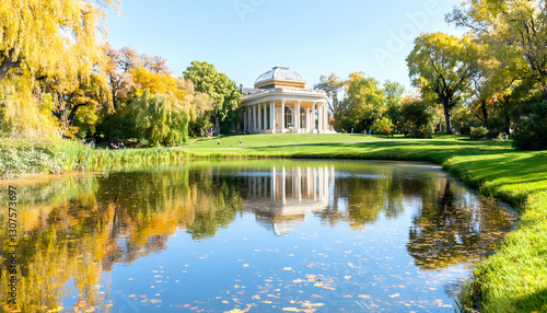 Autumnal park pavilion reflecting in calm pond; idyllic setting, postcard potential