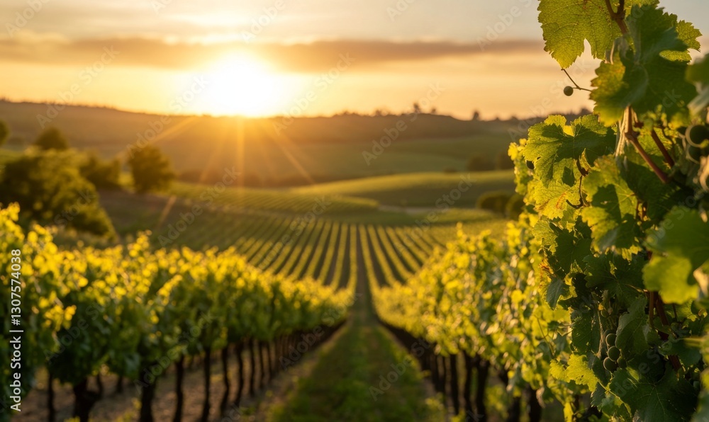 Naklejka premium Sunrise over vineyard rows