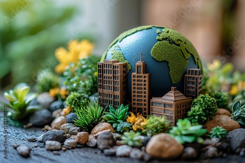 Miniature Globe with Cityscape Surrounded by Lush Greenery and Stones
