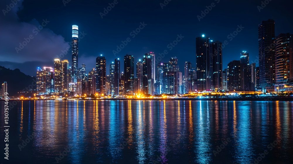 Coastal metropolis nightscape with entertainment district lighting Coastal metropolis nightscape with entertainment district lighting
