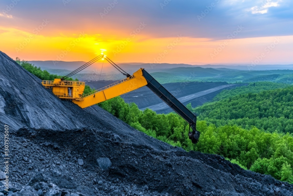 Fototapeta premium A dramatic sunset over an old coal mine, symbolizing the decline of fossil fuel industries