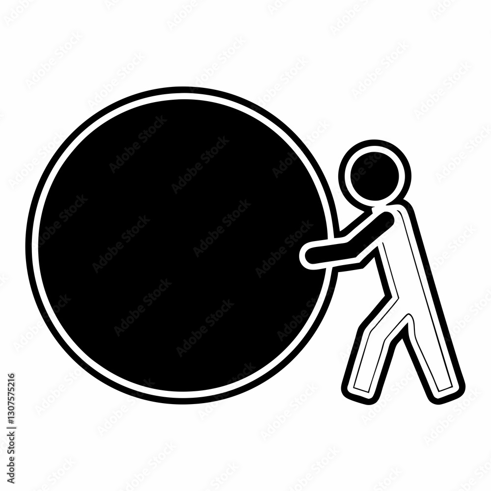 minimalist black and white icon of a person pushing a large round object
minimalist black and white icon of a person pushing a large round object