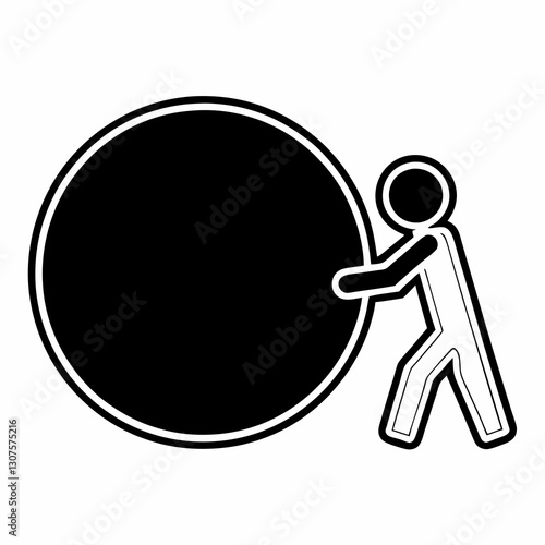 minimalist black and white icon of a person pushing a large round object

