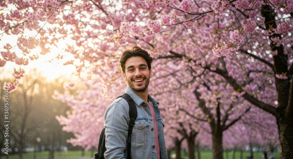 Man smiles under cherry blossoms