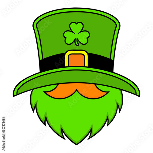 cartoon character with green shaggy beard and leprechaun hat, St. Patrick's Day illustration

