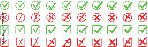 Check mark icon button set. Check box icon with right and wrong buttons and yes or no checkmark icons in green tick box and red cross. Isolated checkmark symbol, right and wrong sign concept.