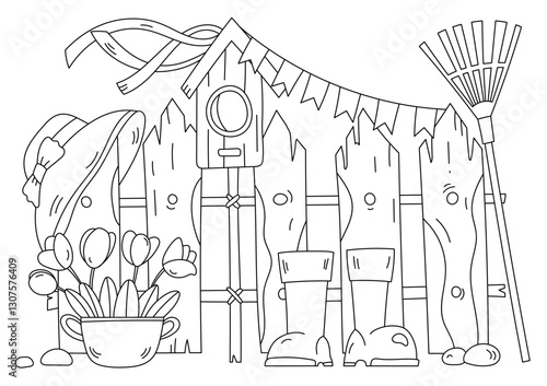 Spring-Themed Stress Relief Coloring Page Featuring A Birdhouse In The Garden