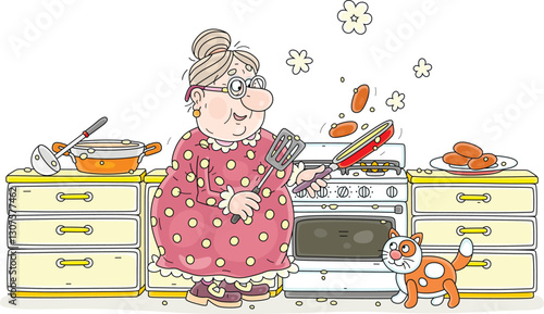 Funny granny with a cat frying tasty cutlets for a festive table in her pretty kitchen with a gas-stove, vector cartoon illustration on a white background