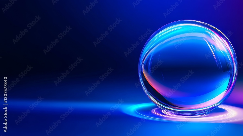 A reflective glass sphere illuminated by vibrant blue and purple light against a dark background A reflective glass sphere illuminated by vibrant blue and purple light against a dark background