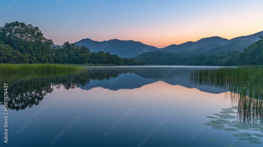 Calm lake sunrise reflection mountains Calm lake sunrise reflection mountains