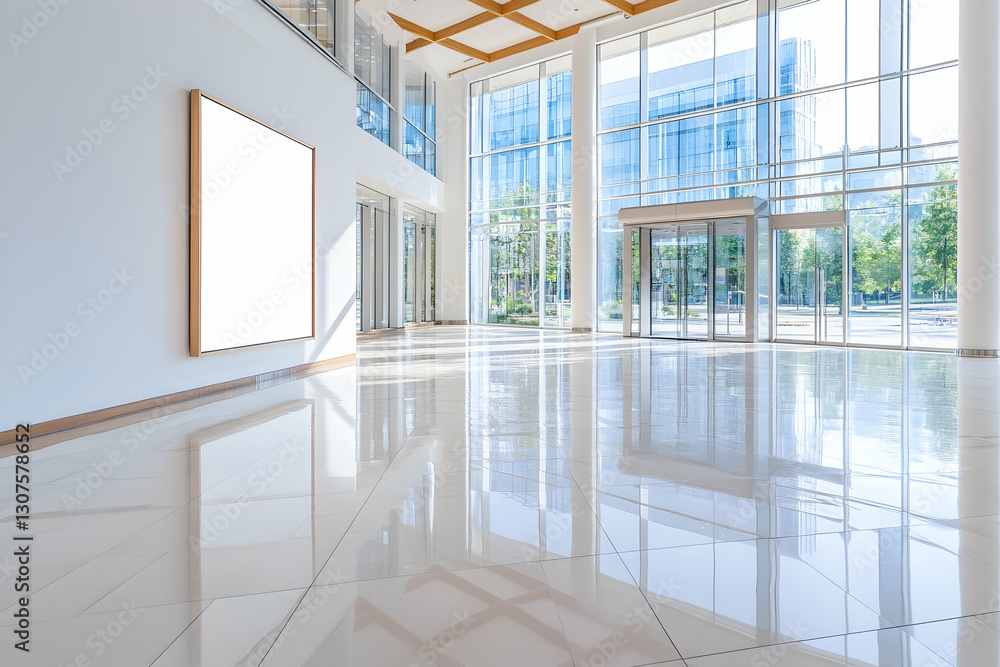 Bright Lobby Modern building's spacious entrance with blank signage, ideal for advertising Bright Lobby Modern building's spacious entrance with blank signage, ideal for advertising