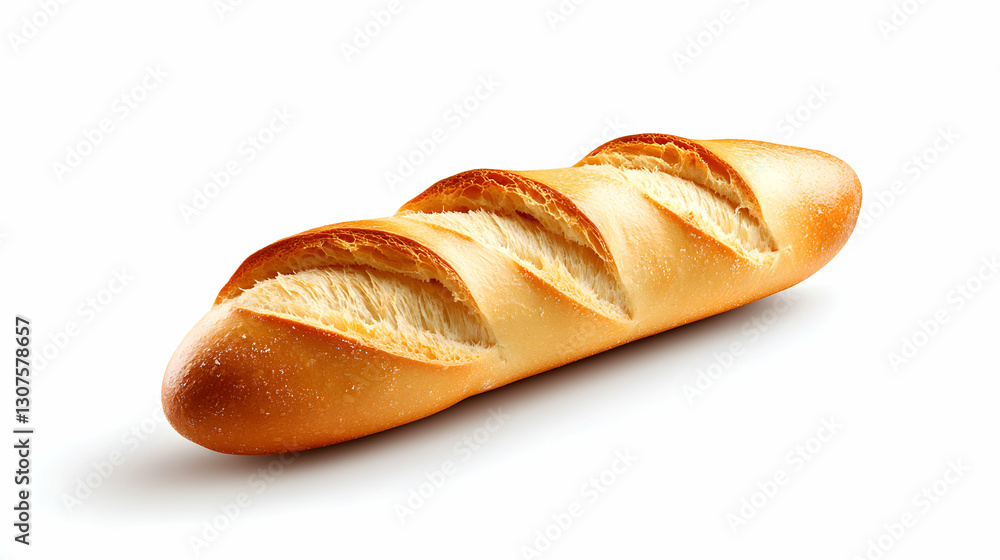 Golden Brown Crusty Baguette on White Background Golden Brown Crusty Baguette on White Background