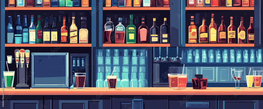 Minimalist Bar Counter with Drinks and Bottles Vector Illustration for Nightlife and Alcohol-Themed Designs Minimalist Bar Counter with Drinks and Bottles Vector Illustration for Nightlife and Alcohol-Themed Designs