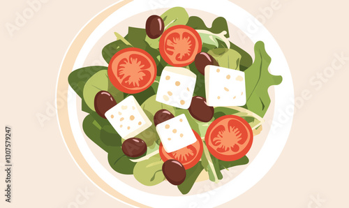 Minimalist Greek Salad Vector Illustration with Feta, Olives, and Greens