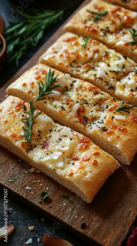 Delicious focaccia bread topped with herbs and cheese served on a wooden board in a rustic kitchen setting
