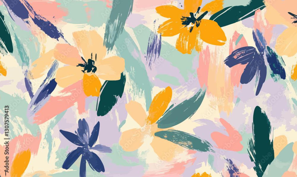 Vibrant Acrylic Flowers on Abstract Brushstroke Background Pattern Vibrant Acrylic Flowers on Abstract Brushstroke Background Pattern