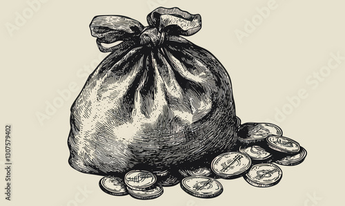 Vintage Bag of Coins Ink Sketch Engraving, Minimalist Style Vector