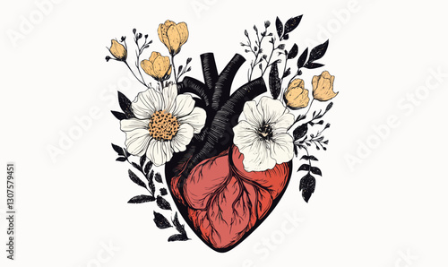 Vintage Floral Anatomical Heart Valentine Card Illustration in Minimalist Style