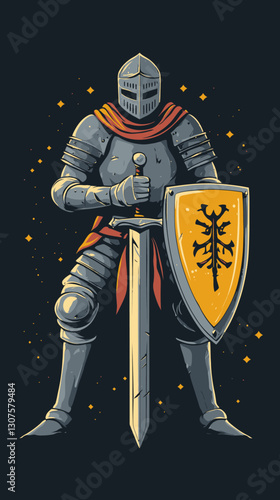 Medieval Armor Knight with Sword and Shield in Minimalist Vector Illustration