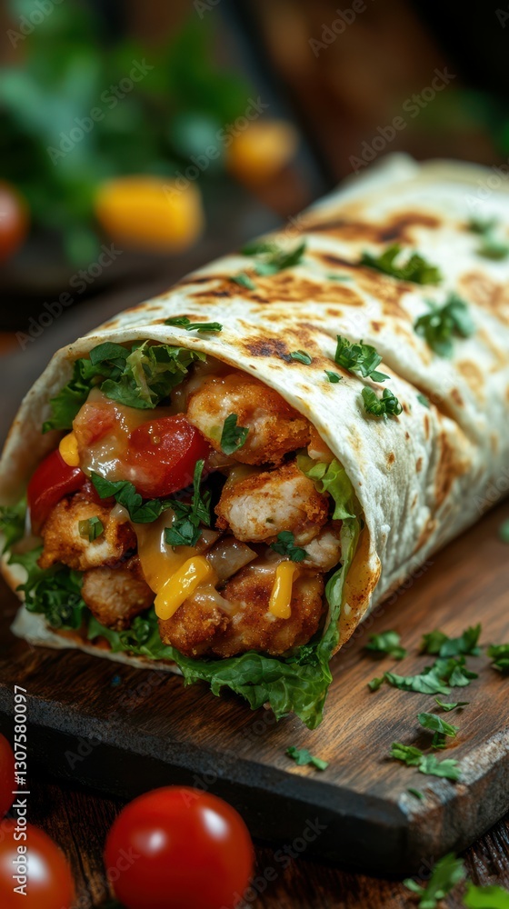 Deliciously wrapped chicken burrito with fresh vegetables and herbs served on a wooden board Deliciously wrapped chicken burrito with fresh vegetables and herbs served on a wooden board