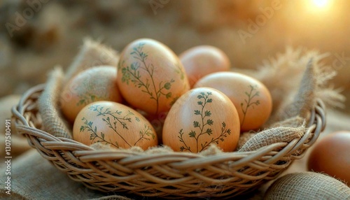 Colorful Decorated Easter Eggs in Basket photo