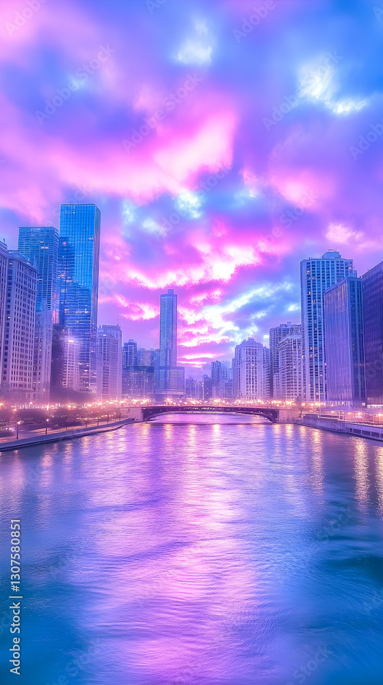 Obraz premium Chicago River skyline at dusk, vibrant sky reflects on water, ideal for phone wallpaper