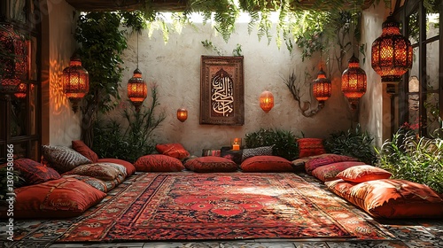 Relaxing Courtyard Lounge with Pillows, Rug, and Moroccan Lanterns