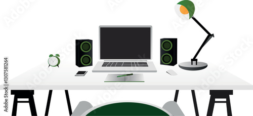 A desk with a notebook and the necessary things for comfortable work