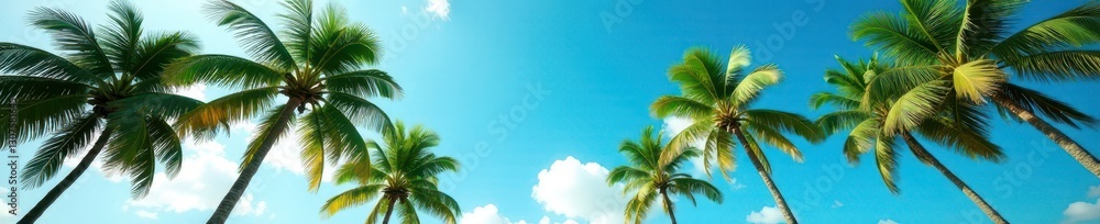 Lush palm trees sway gently under a vibrant blue sky , coconut palms, background, carefree Lush palm trees sway gently under a vibrant blue sky , coconut palms, background, carefree