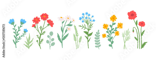 Wallpaper Mural Flowers set hand drawn pencil. Cute simple doodle art. Floral of wildflower, leaf branch. Blossom illustration for decor, easter, sticker, clipart, print Torontodigital.ca